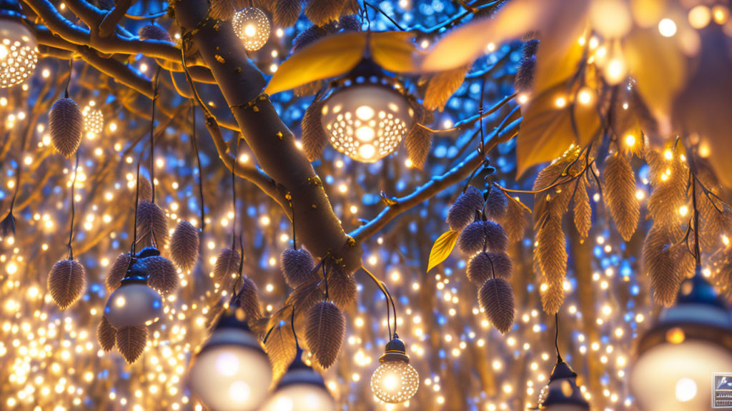 Glowing string lights and lanterns on tree branches at night