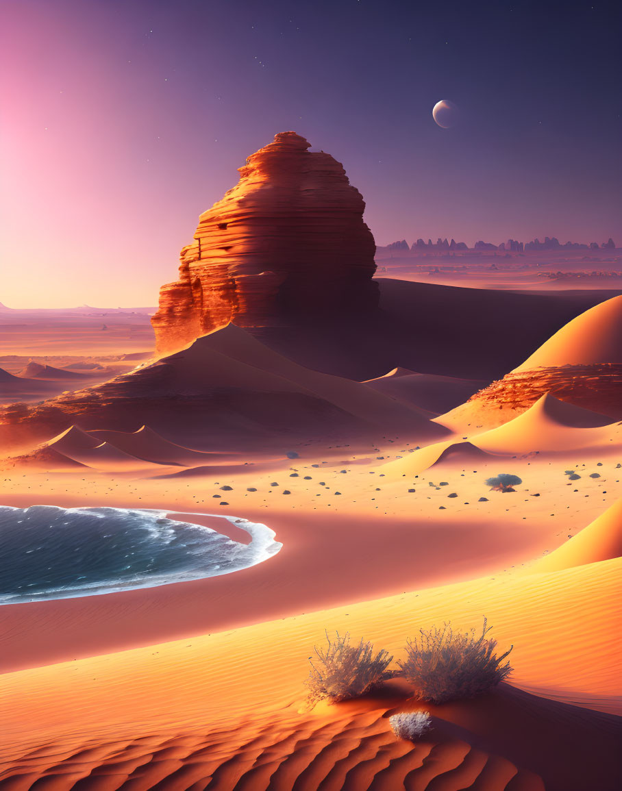 Desert Dusk Landscape with Rock Formation and Crescent Moon
