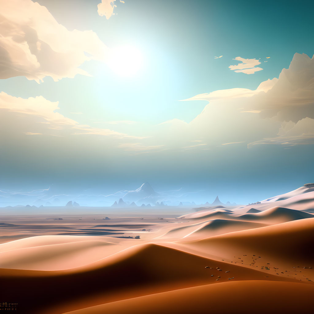 Digital Art: Serene Desert Landscape with Sun, Sand Dunes, and Mountains