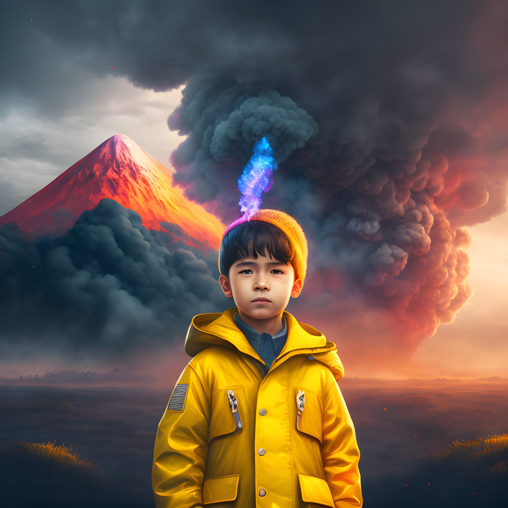 Boy in Yellow Jacket Stands by Erupting Volcano