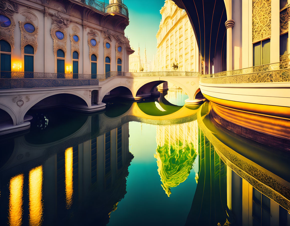 Tranquil canal with ornate architecture and bridge in warm sunlight