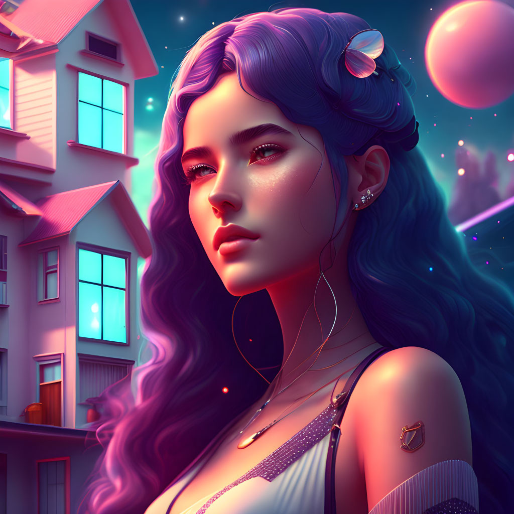Digital artwork: Woman with purple hair and shell earring in vibrant house backdrop.