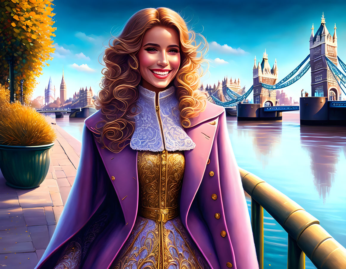Smiling woman with golden hair in purple cloak, Tower Bridge backdrop