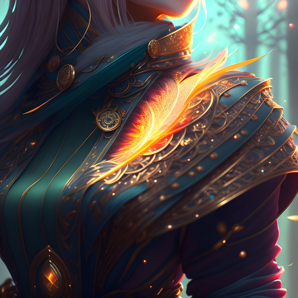 Detailed close-up of person in teal and gold armor with fiery phoenix emblem