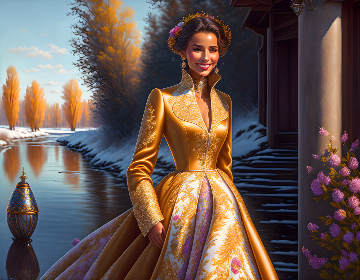 Elegant woman in golden gown smiles in winter landscape by river with lantern and flowers.