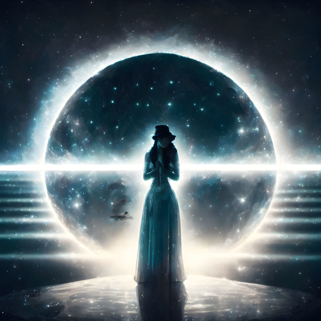 Silhouette of woman in dress and hat before cosmic portal with celestial bodies and glowing lines
