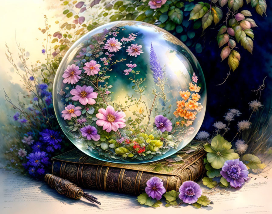 Crystal ball with vibrant flowers on antique book and quill pen, surrounded by lush flora.
