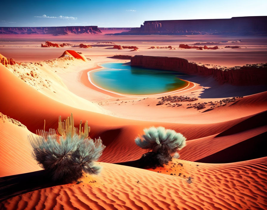 Colorful desert landscape with red dunes, blue oasis, and green shrubbery