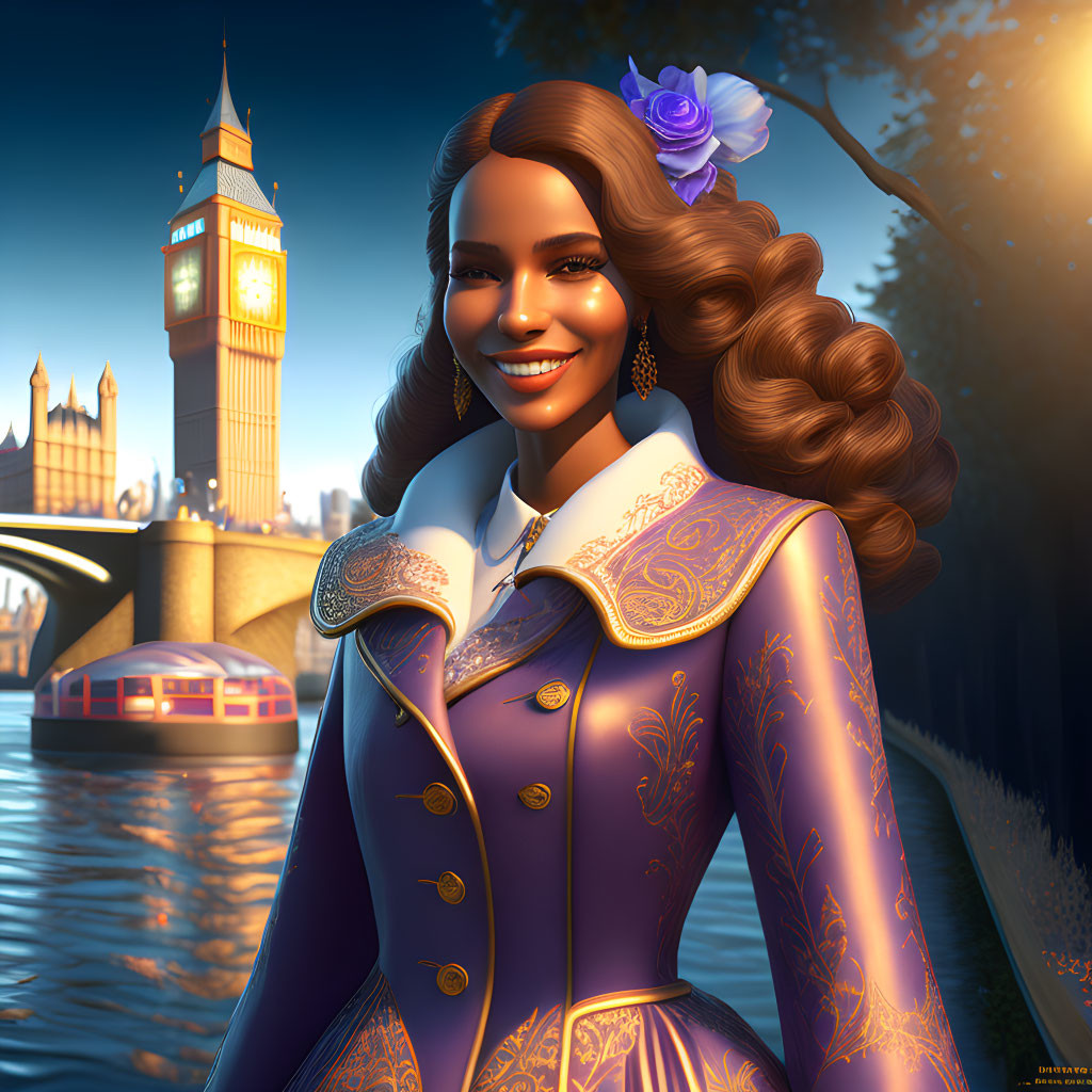 Smiling woman with curly hair in ornate blue jacket against London backdrop