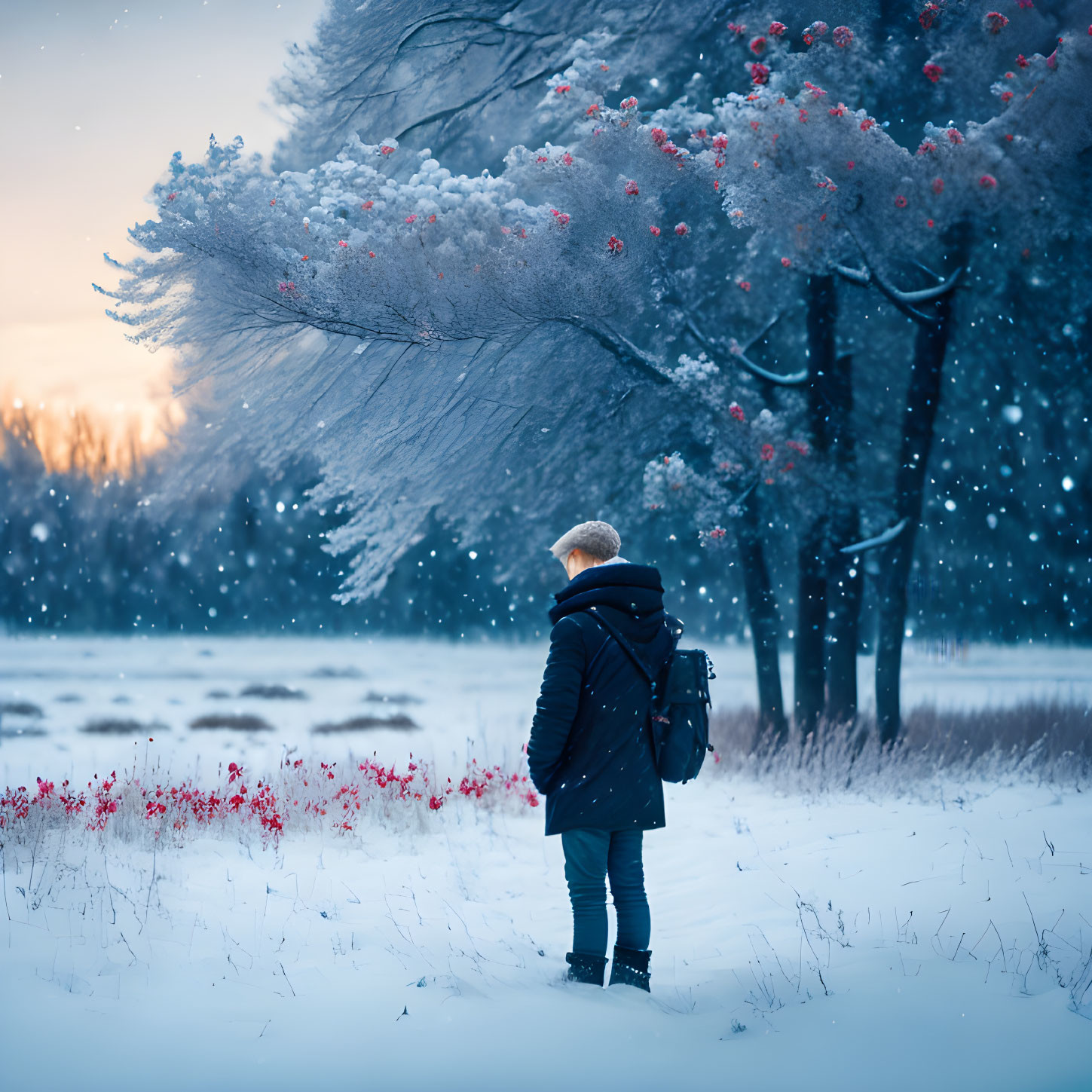 Person in Winter Clothing Surrounded by Snowy Landscape and Red Berries