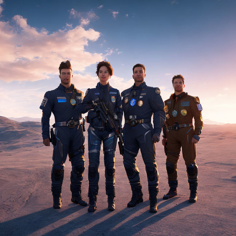 Four people in futuristic flight suits in desert setting