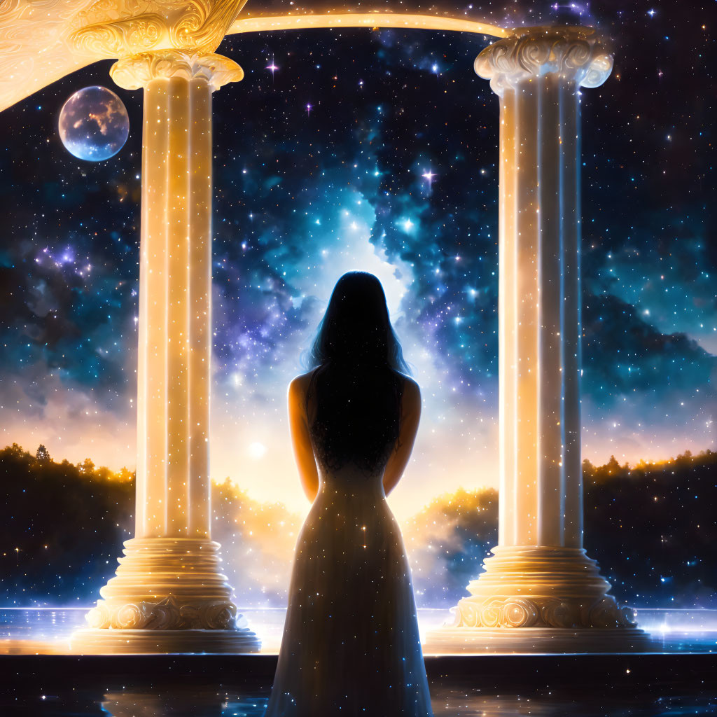 Woman in white dress between ornate pillars under starry night sky.