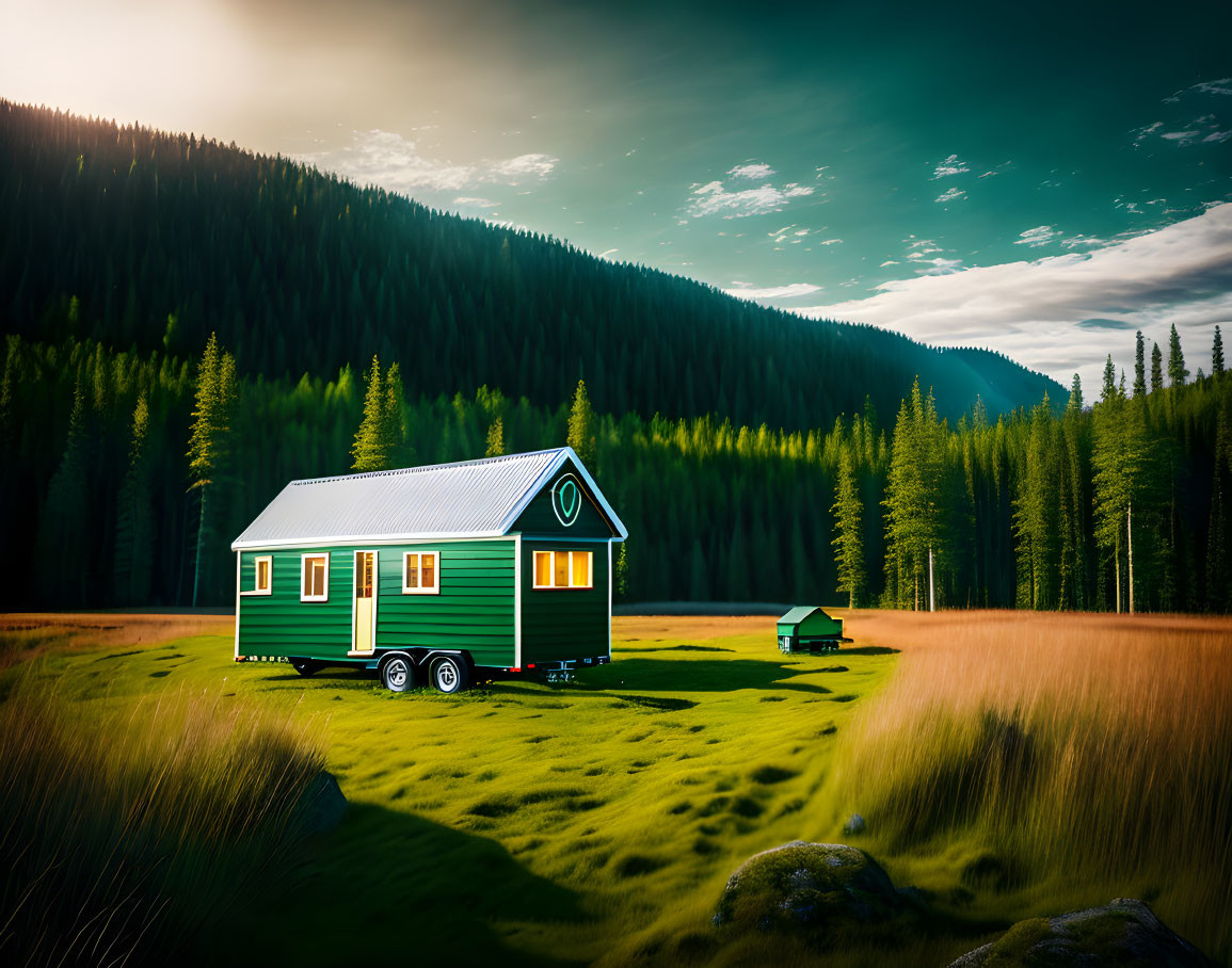 Green Tiny House on Wheels in Meadow with Forest Background at Sunset