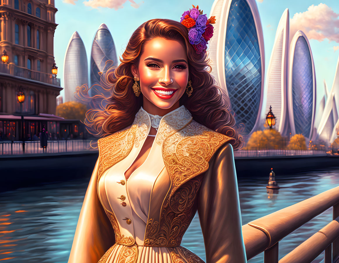 Smiling woman with floral hair accessory and elegant jacket by riverside with futuristic buildings