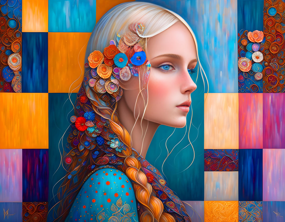 Vibrant floral portrait of a woman with braid on geometric blue and orange backdrop