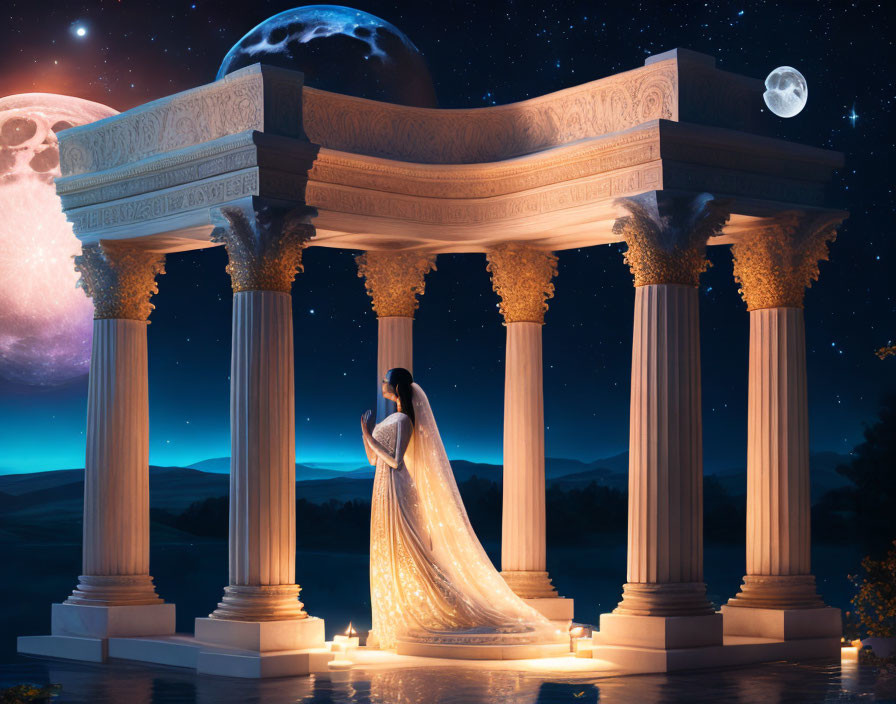 Woman in flowing dress under classical colonnade at night with moon and stars