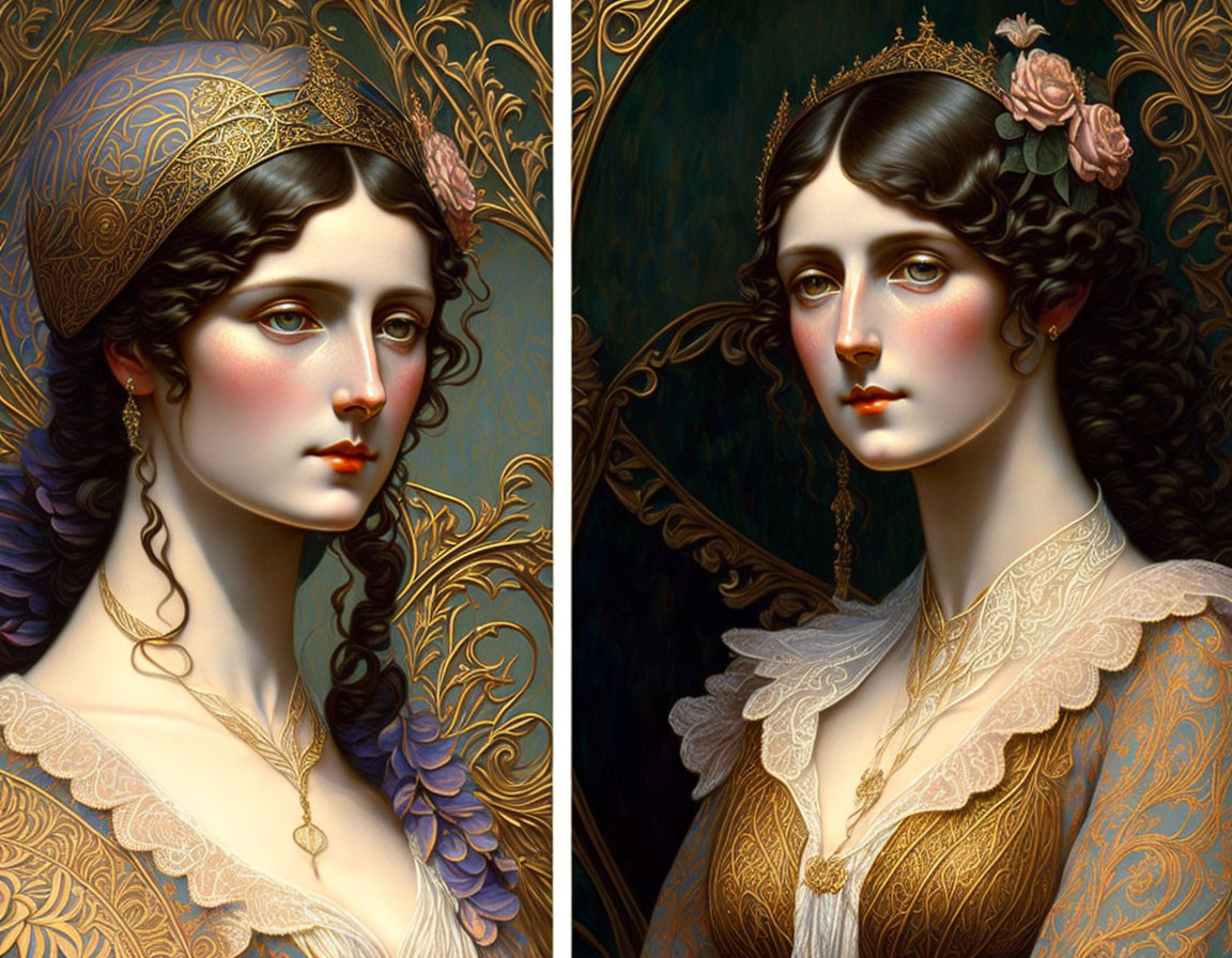 Detailed portraits of a woman with intricate hairstyles and regal attire.
