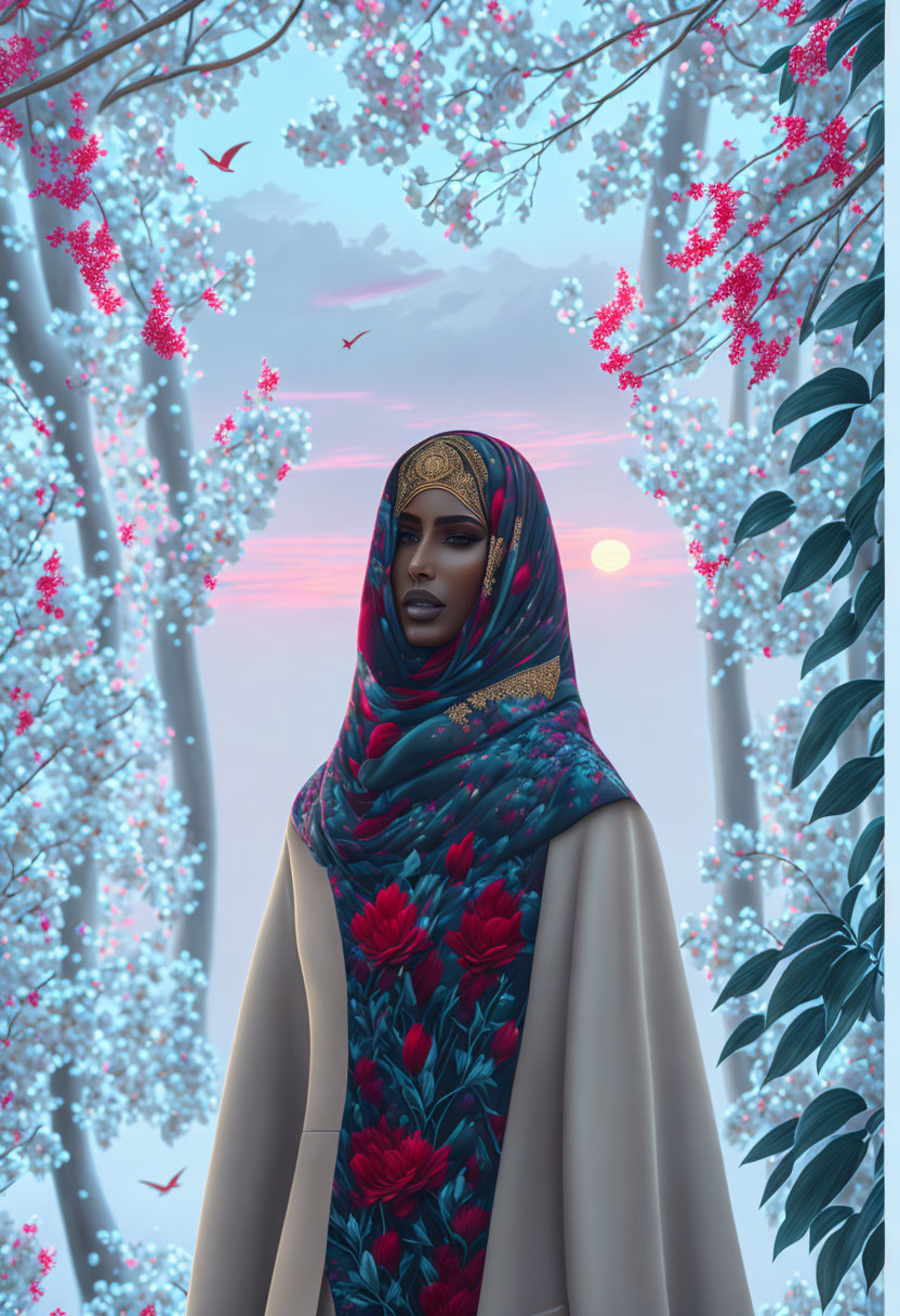 Woman in floral hijab surrounded by blossoming trees, sunset, and birds.