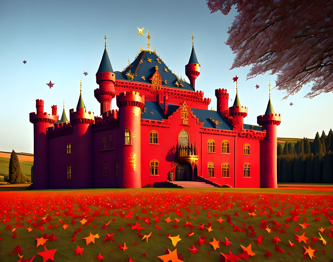 Vibrant red castle with turrets and golden gate in picturesque starry landscape