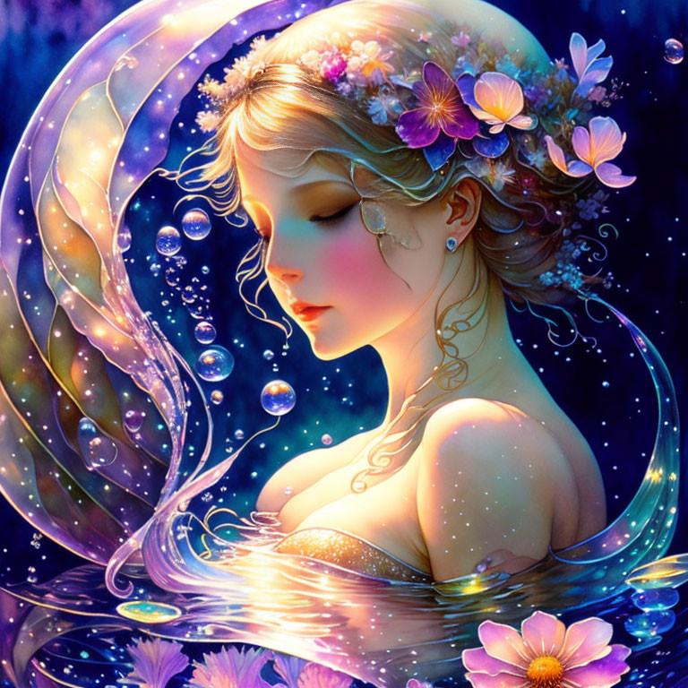 Fantastical female figure with floral adornments in glowing, mystical blue setting