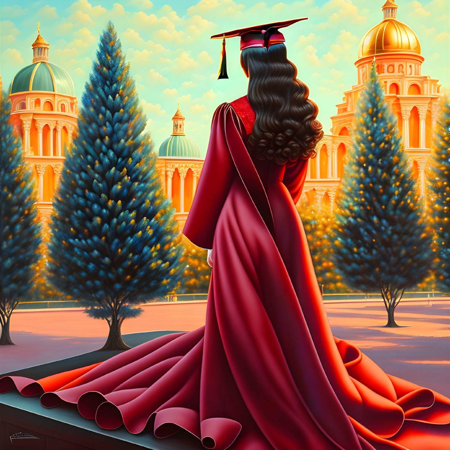 Illustration of woman in red graduation gown walking towards grand domed buildings amid tall blue trees