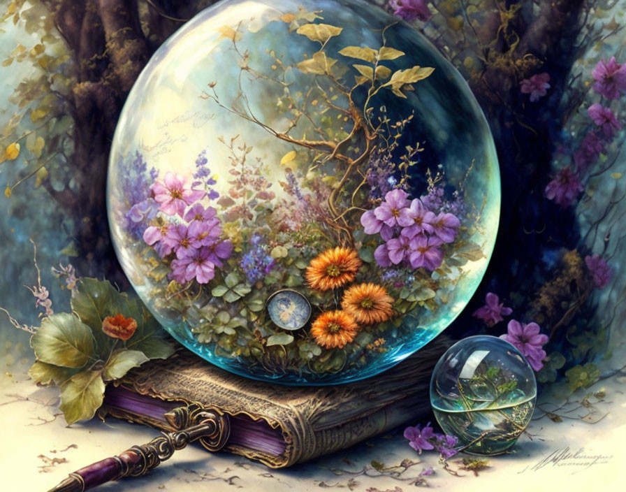 Still life painting of magnifying glass on old book with glass spheres and garden reflection