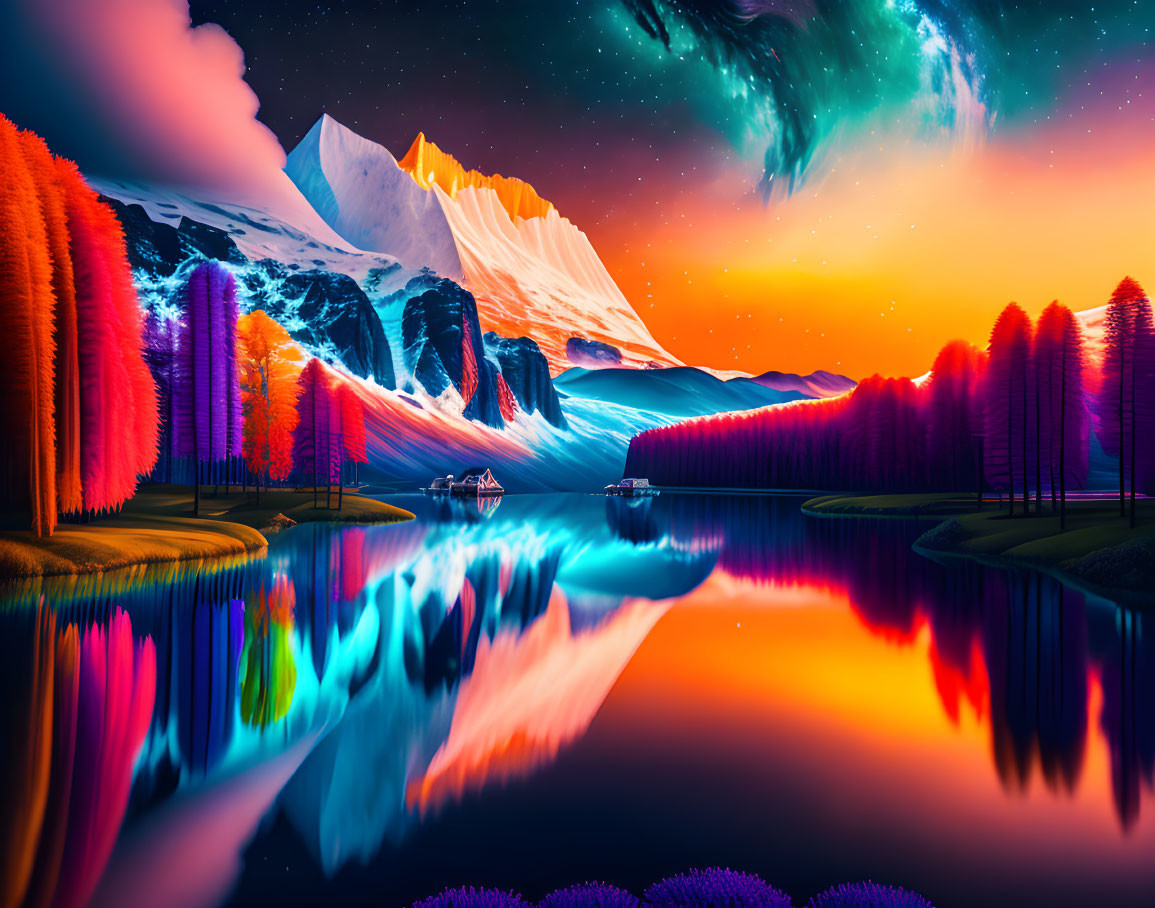 Colorful surreal landscape with trees, mountains, lake, boats, and starry sky
