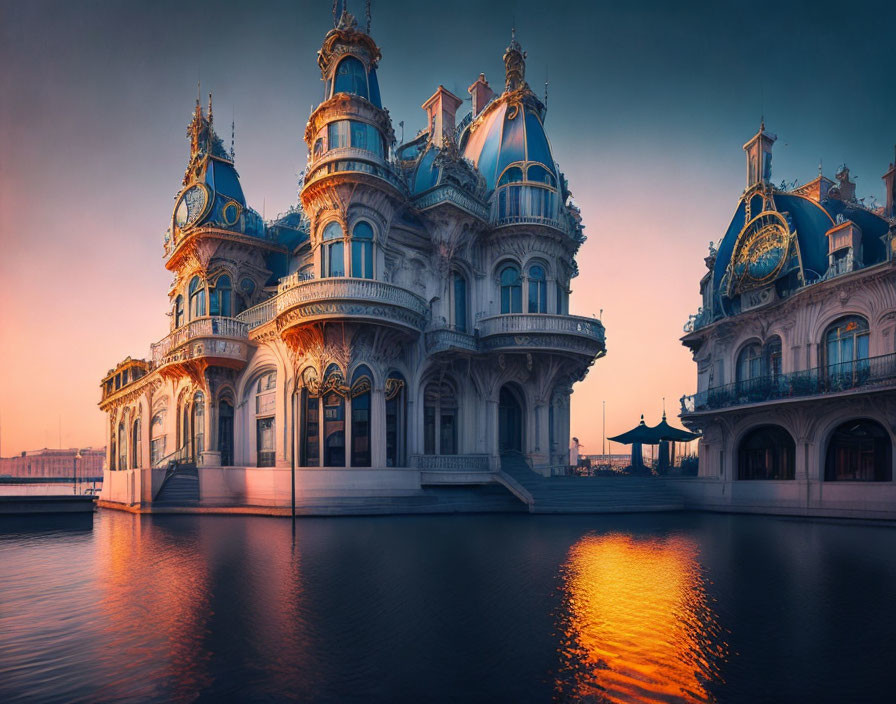 Baroque-style building with towers reflected in calm water at sunset