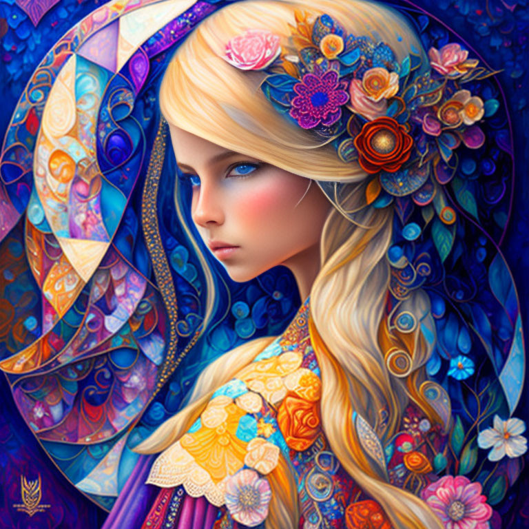 Colorful illustration of a woman with golden hair and blue eyes in floral headdress.