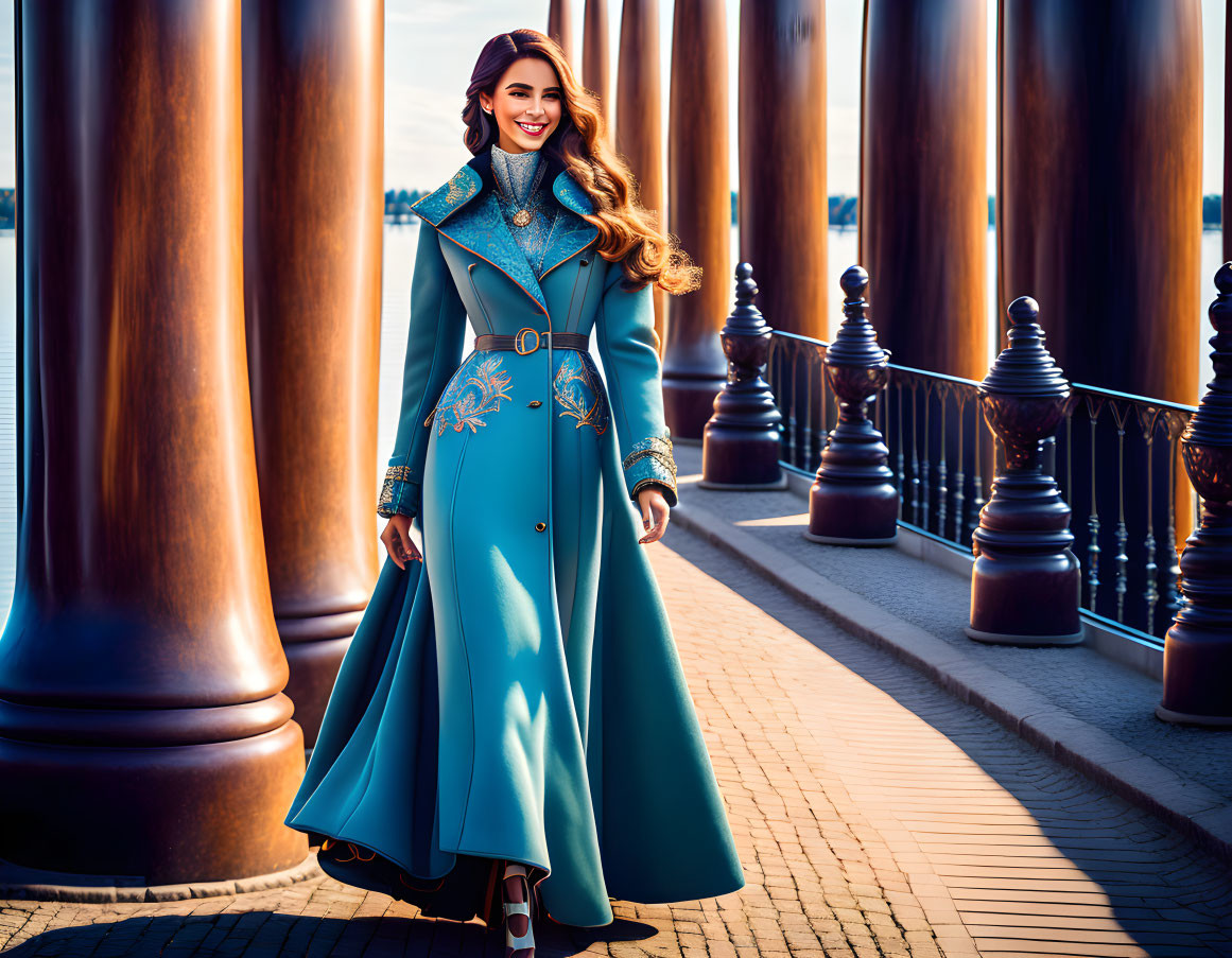 Woman in Blue Coat Smiling on Promenade with Column Structures