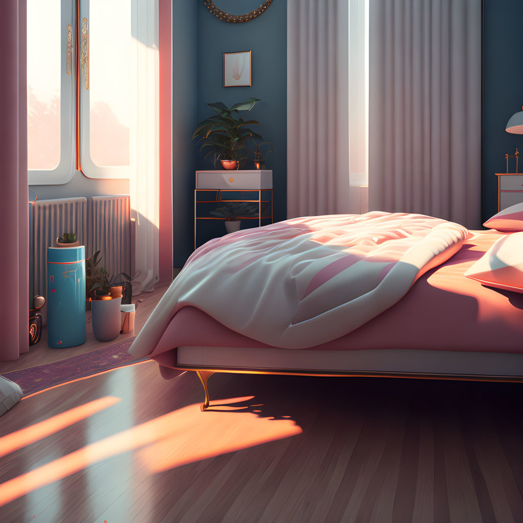 Sunlit bedroom with large bed, pink and blue hues, plant on bedside table, serene atmosphere.