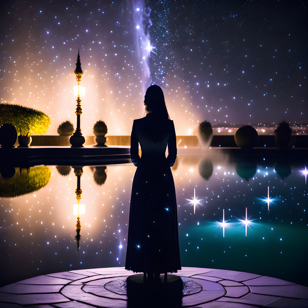 Silhouette of woman admiring starry night reflected in pool with lamp posts and bushes
