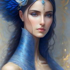 Portrait of woman with blue eyes, feathered hair accessory, jeweled headpiece, golden curls.