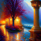 Snow-covered path with glowing lamps and cozy buildings in a painting