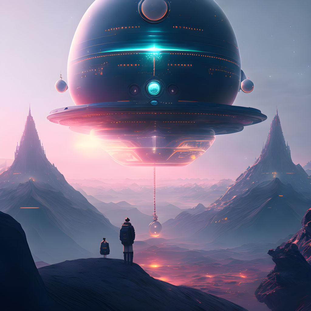 Two people observe a hovering spaceship beaming light onto an alien sunset landscape