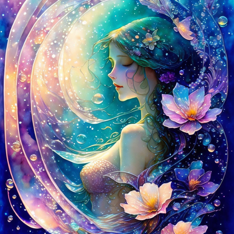 Colorful Woman Surrounded by Floral and Aquatic Motifs