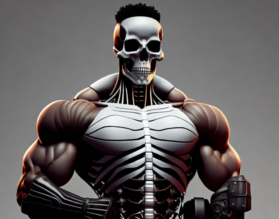 Muscular figure with skeleton motif on grey background