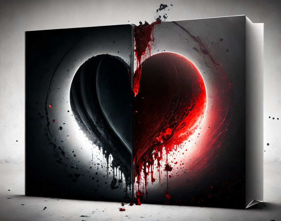Canvas Art: Heart Split in Black and Red, Dripping Paint on Gray