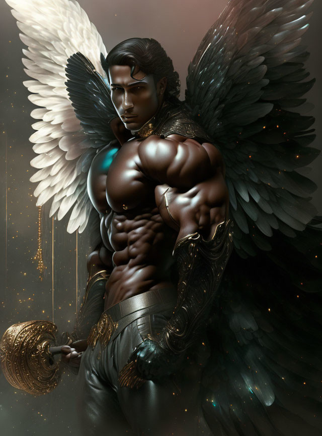 Muscular shirtless male figure with black wings and golden armor in glowing light
