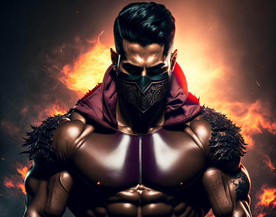 Muscular Animated Superhero in Mask and Costume with Flames