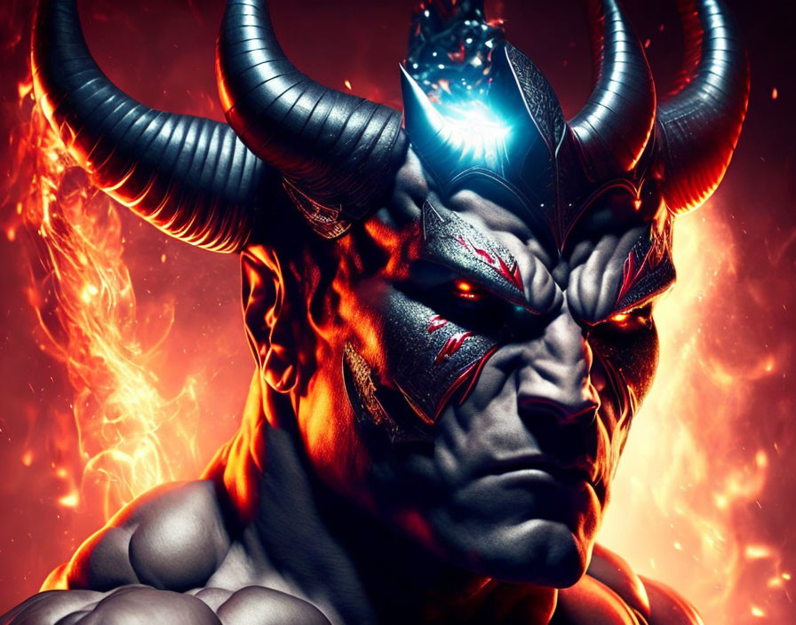 Fantasy demon with horns and glowing blue eye in fiery background