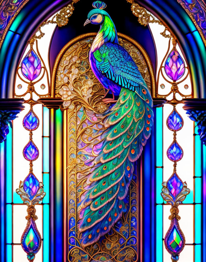 Colorful Stained Glass Window with Peacock and Gold Detailing