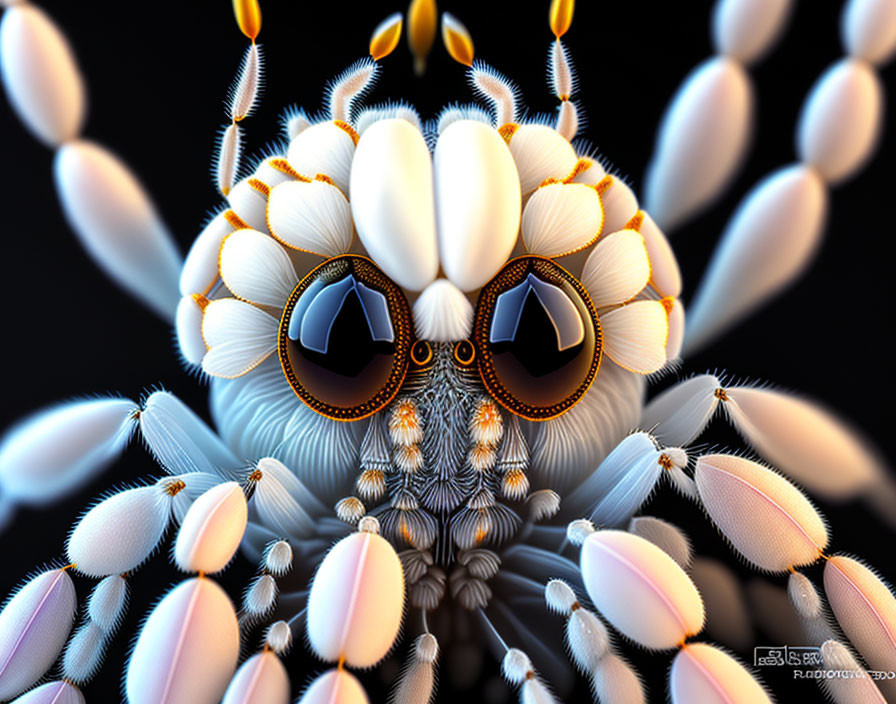 Detailed digital artwork: Fly's head with exaggerated compound eyes on dark background