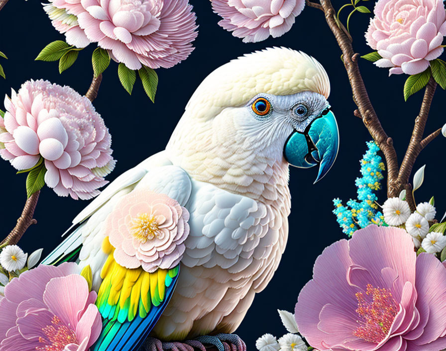 White Cockatoo Perched Among Pink Flowers on Dark Background