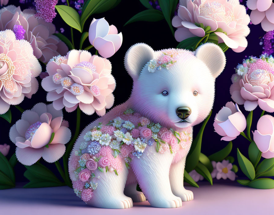 Illustration of bear cub with floral coat on dark purple background