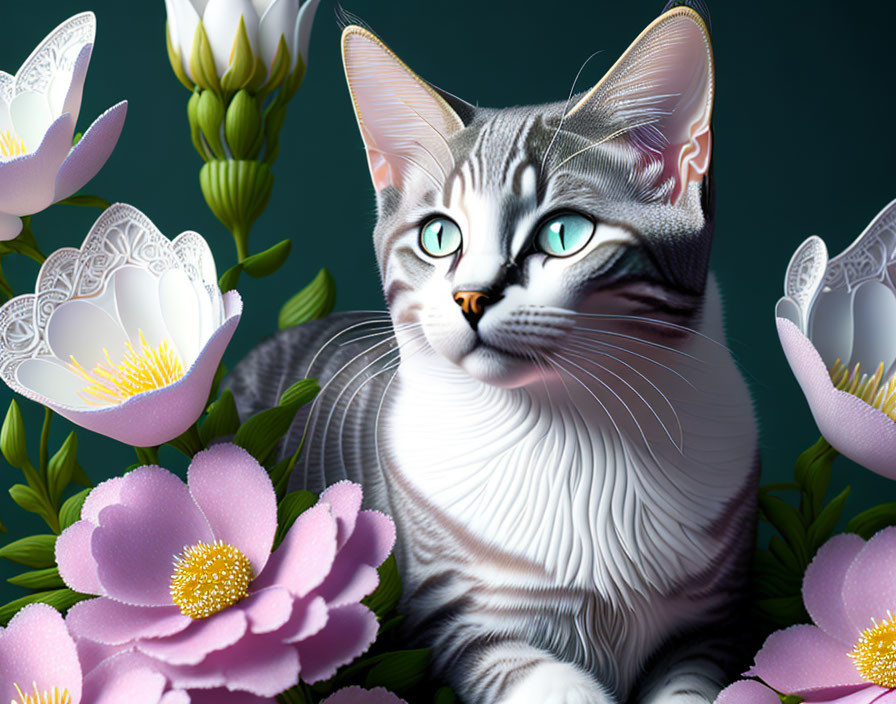 Gray Striped Cat with Green Eyes Among Pink and White Flowers on Dark Background