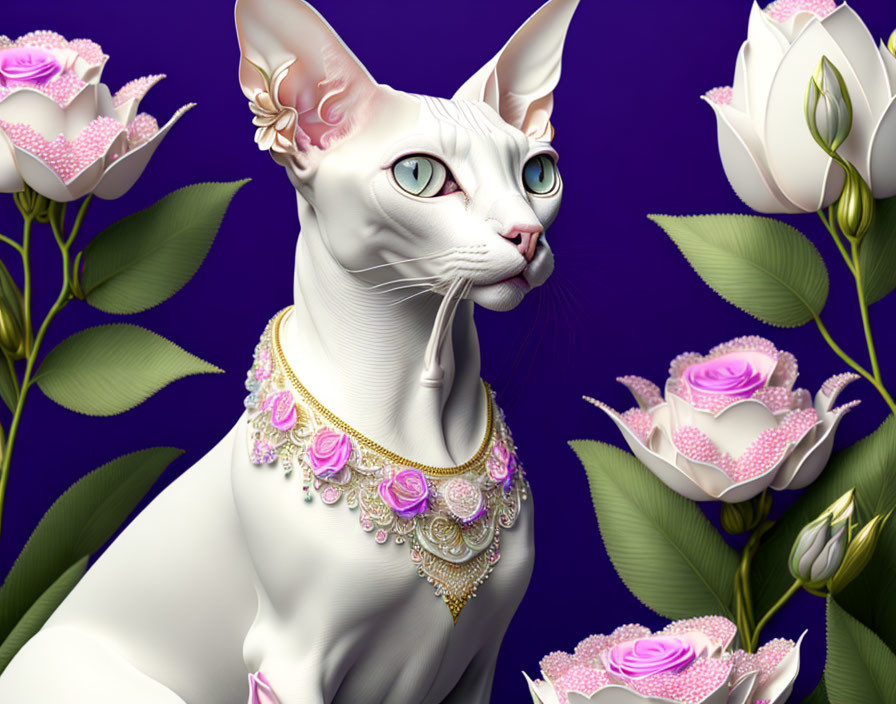 White sphynx cat with pink and gold necklace among roses on purple background