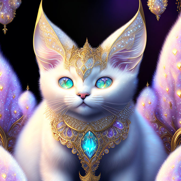 Majestic white cat with blue eyes and golden jewelry in ethereal setting