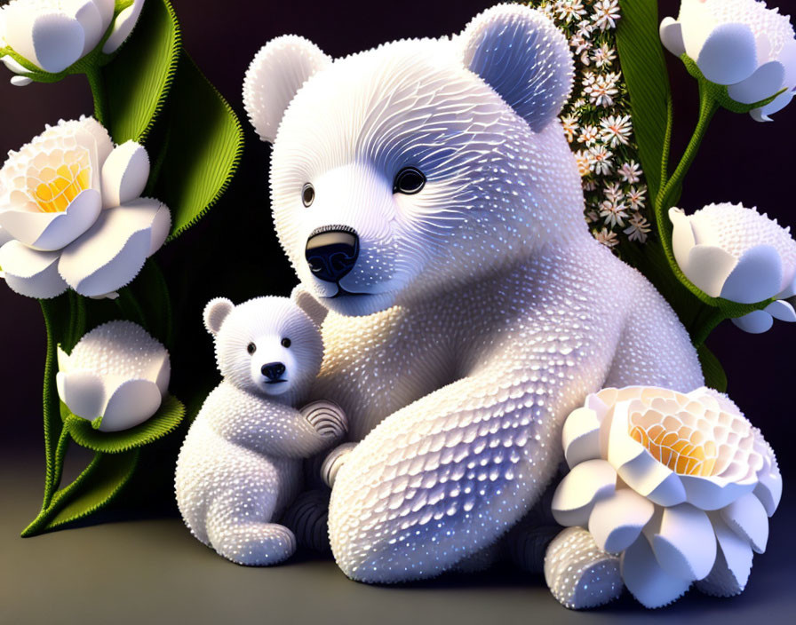 Stylized white mother bear and cub in foliage with white flowers on dark background