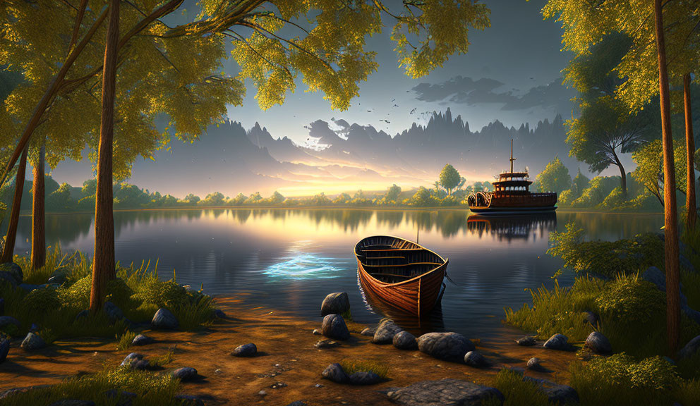 Tranquil sunset lake scene with rowboat, steamboat, lush trees, and vibrant sky